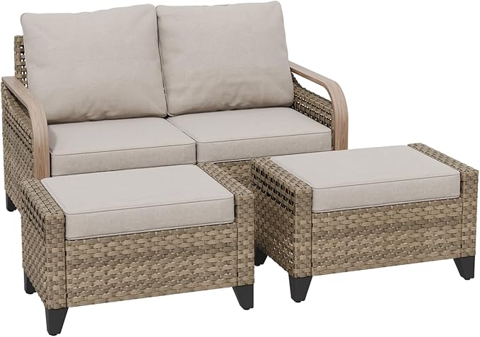 COOS BAY Modern Wicker Outdoor Furniture Set, 3 Piece Patio Conversation Set with a Loveseat and 2 Ottomans, 3 Piece, Brown/Gray