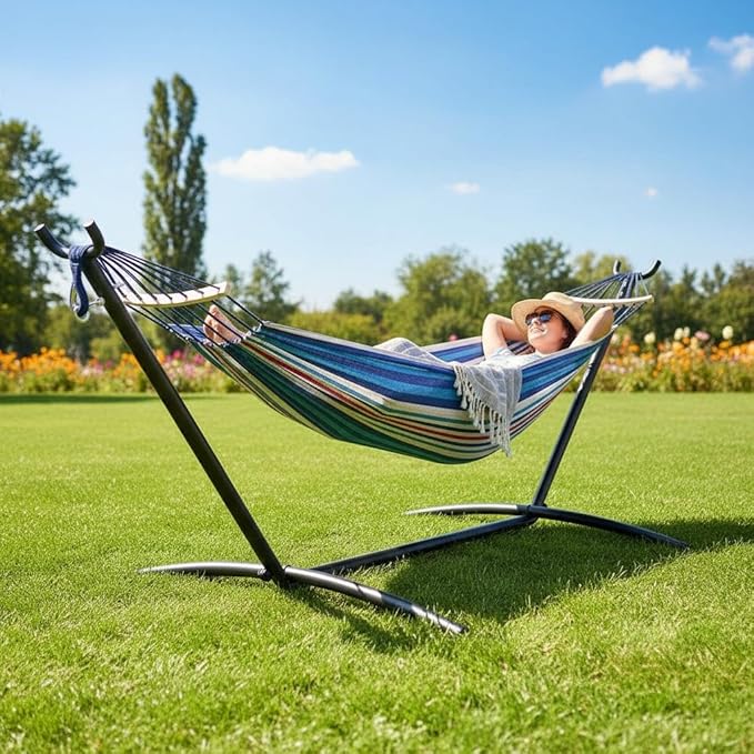 Double Hammock with Steel Stand, Outdoor Portable Hammocks Accommodates with 450Lb Capacity 2 People& Portable Carry Bag for Outside Camping Garden Yard,Blue+Red