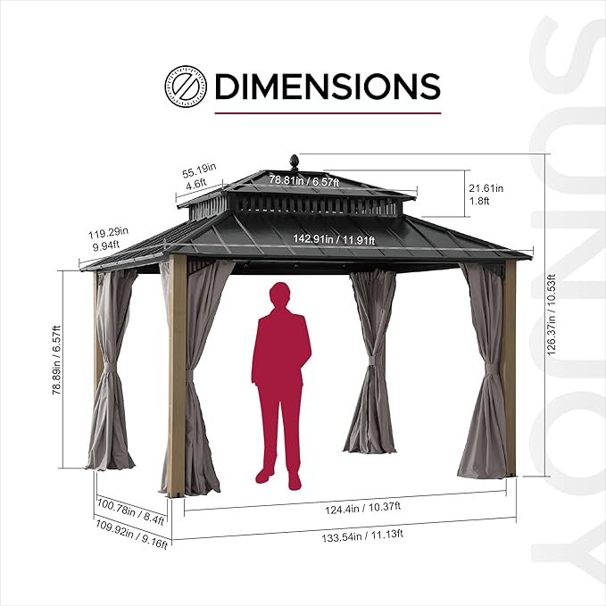 SUNJOY Kingston 12' x 10' Hardtop Wood Gazebo with Galvanized Steel Double Roof, Curtain and Netting, Cedar Posts Permanent Pavilion Gazebo for Garden, Patio, Deck, Lawn