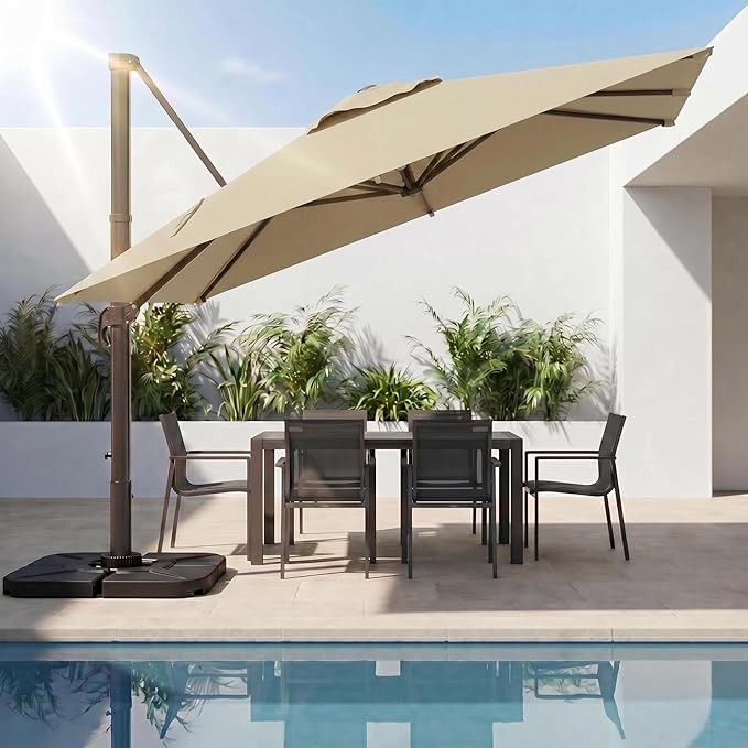 Kingdura 10x10 FT Cantilever Patio Umbrella with Base Included, Large Square Offset Outdoor Pool Umbrella, 360° Rotation & Infinite Tilt, Heavy Duty Aluminum Frame for Deck Backyard, Beige