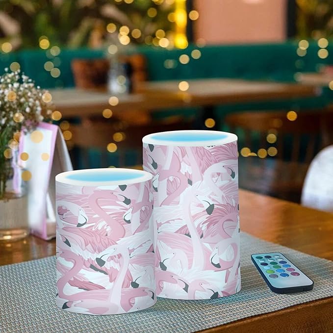 Pink Flamingos Flameless Candles Color Changing LED Candles with Remote Control Battery Candles for Outdoor and Indoor Home and Room Decoration, 3'' x 4''/5'' Set of 2 Pieces