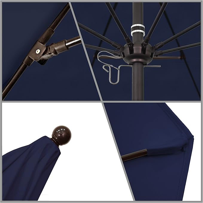 California Umbrella 9' Round Aluminum/Fiberglass Umbrella, Push Open, Bronze Pole, Sunbrella Navy Fabric