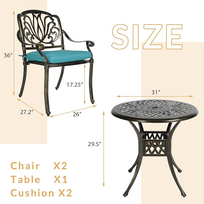3-Piece Outdoor Patio Dining Set, All-Weather Cast Aluminum Patio Furniture Set for Backyard Garden Deck with 2 Cushioned Chairs and 31” Round Table, 2" Umbrella Hole, Ocean Blue