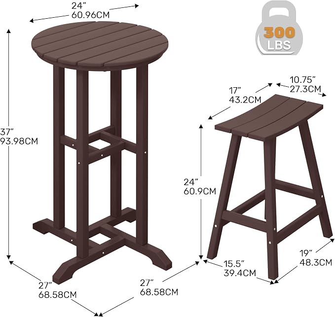 Costaelm Outdoor Bar Table, 37" Counter Height Round Patio Cocktail Bar Table, Patio Bar Table 3-Pieces Set Bistro Dining Table Pub Table for Deck, Backyard, Garden, Dark Brown
