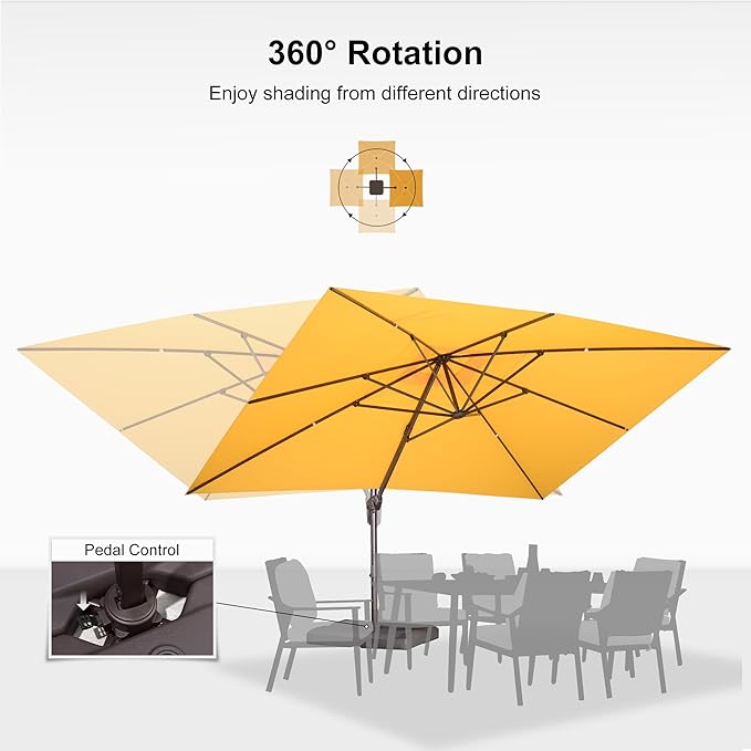 PURPLE LEAF 10' X 13' Patio Cantilever Umbrella with Base Rectangle Umbrella Outdoor with Aluminum Offset Antique Bronze Hanging and 360° Rotation for Pool Garden Deck Patio, Yellow