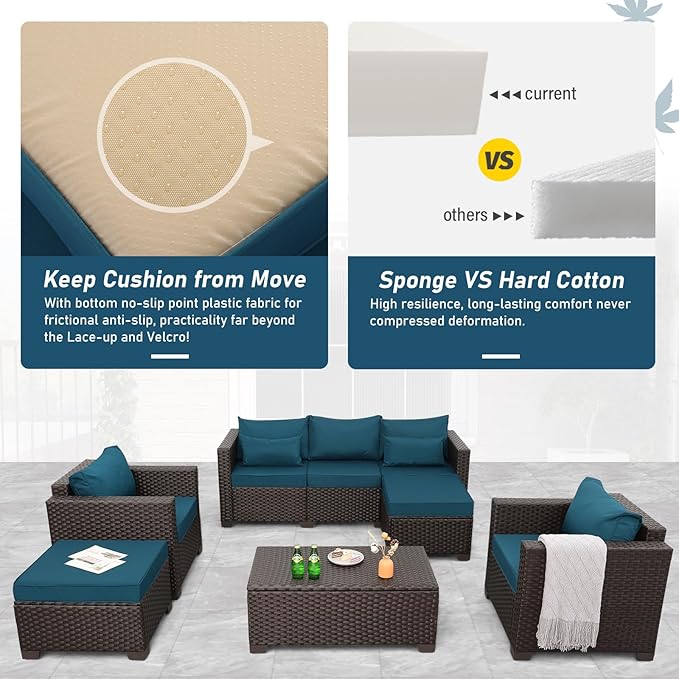 Patio Outdoor Furniture Conversation Sets 6 Pieces Wicker Sofa Set with Outdoor Couch Patio Chairs and Storage Table Non-Slip Cushions Waterproof Covers, Peacock Blue