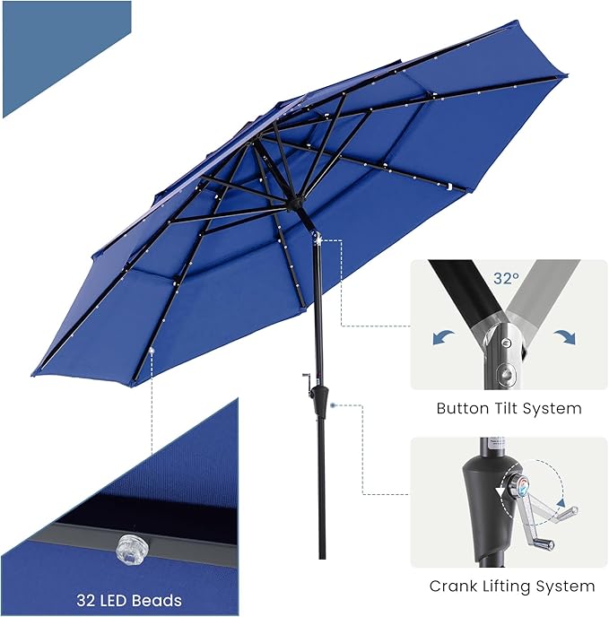 DUMOS LED Outdoor Patio Umbrella 10 FT UV-Resistant Market Umbrella with Tilt Adjustment & Crank Lift, All-Weather Shade for Backyard, Deck, Garden, Beach