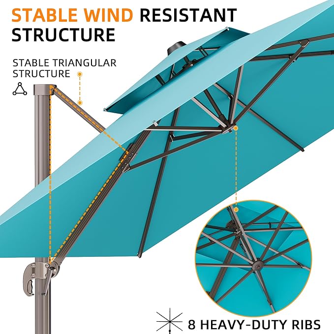 9' X 12' Outdoor Cantilever Patio Umbrella - Heavy Duty Offset Umbrella with 360° Rotation for Garden Deck Pool Patio, Turquoise