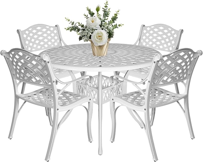 5 Pieces Cast Aluminium Outdoor Patio Dining Set for 4-6 Person,Round 42" Patio Table and 4 Chair with Umbrella Hole,Patio Bistro Dining Set for Garden,White