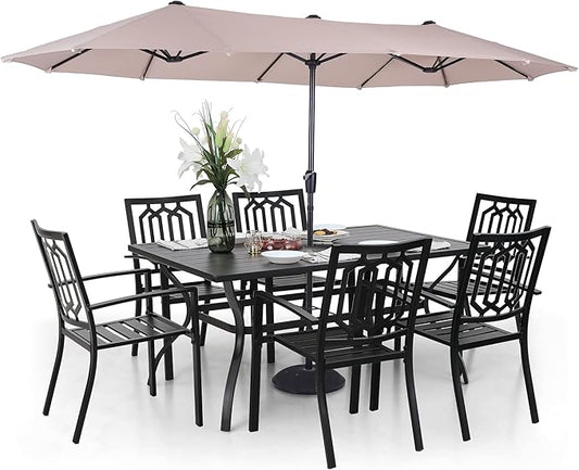 Sophia and William Patio Dining Set for 6 with 13ft Double-Sided Patio Umbrella, 8 Piece Metal Outdoor Table Furniture Set, 6 Outdoor Chairs, 1 Rectangle Dining Table and 1 Large Beige Umbrella