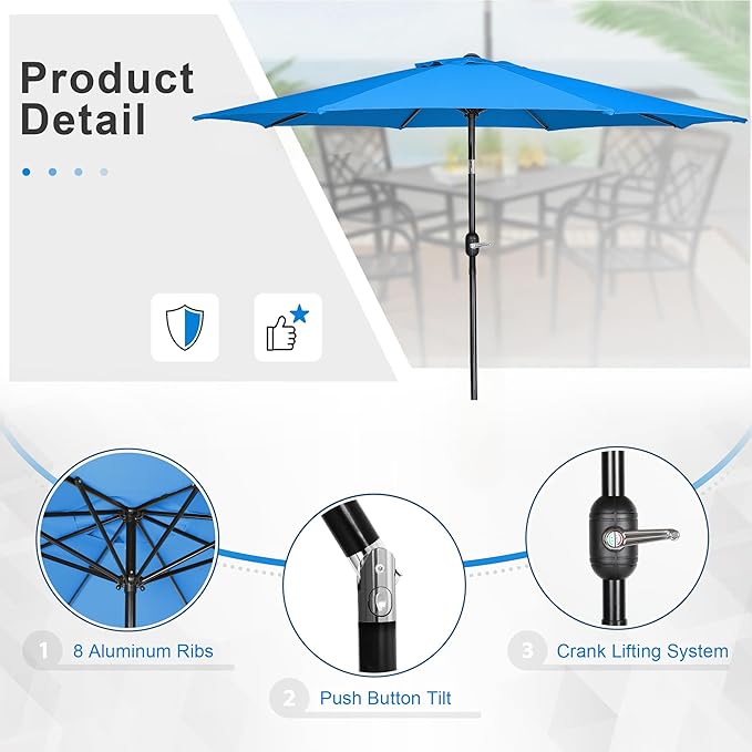 Crownland 5 Piece Patio Dining Set, Outdoor Textilene Dining Sets, 4 Textilene Metal Chairs and Square Outdoor Dining Table with Sky Blue 9FT Round Outdoor Umbrella (Brown)