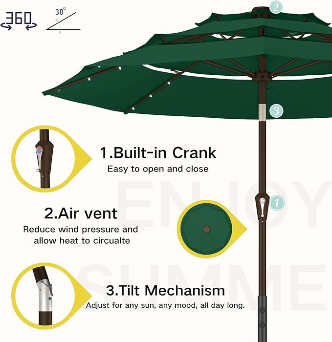 Kingdura 9ft 3-Tier Patio Umbrella with Solar Lights, Table Umbrella Outdoor Patio with Easy Crank & Tilt, 8 Sturdy Ribs, UV Protection, 32 LED Lights for Deck, Poolside, Market (Dark green)
