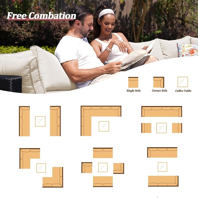 7 Pieces Outdoor Patio Furniture Sets, Patio Sectional Sofa Couch, PE Rattan Outdoor Wicker Sectional Furniture Sofa Set, Glass Coffee Table, for Balcony, Porch, Garden, Beige