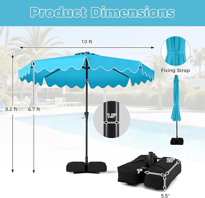 Tangkula 10 FT Solar Patio Umbrella with Base Included, 2-Tiers Outdoor Scalloped Table Umbrella with 32 LED Lights, 2 Sandbags, Tilt Adjustment, Crank, 8 Ribs for Market Backyard Pool Deck Beach Lawn (Turquoise, 10 FT)