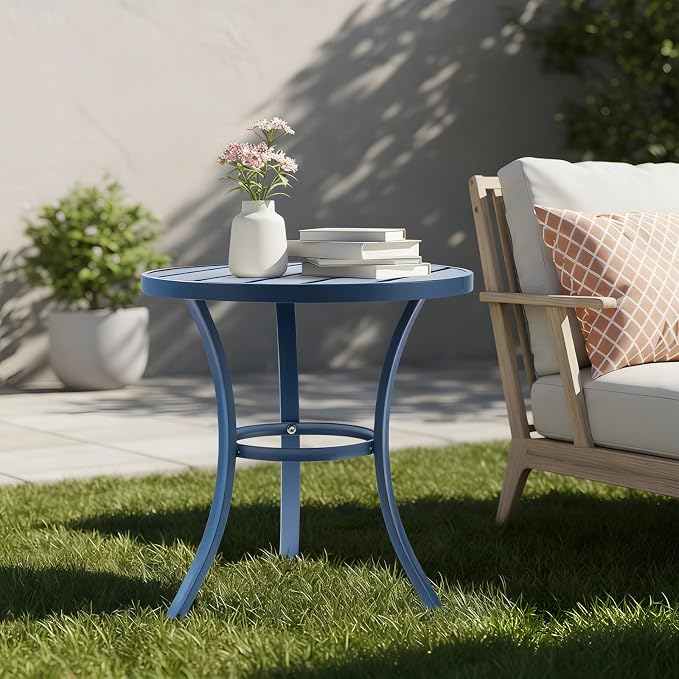 VINGLI Outdoor Side Table, Small Metal Patio End Table, Outdoor Round Table for Patio, Pool, Porch (Blue)