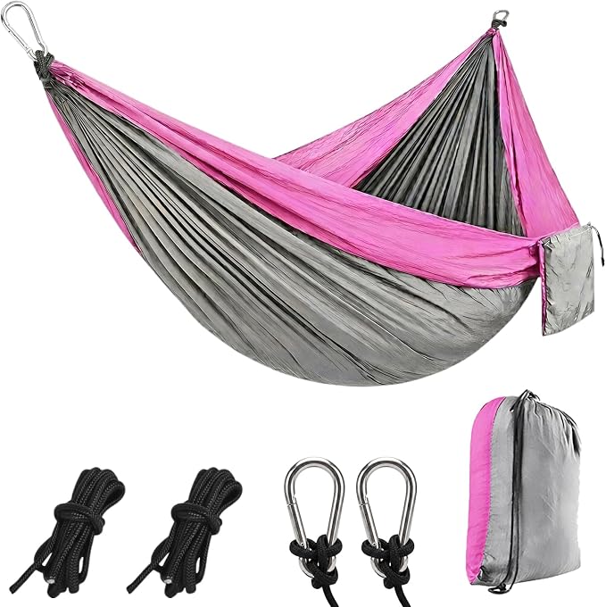 Camping Hammocks, Portable Lightweight Parachute with Tree Straps, Single or Double Hammock Without Stand, Nylon Camping Gear for Outdoor Beach Backpacking Hiking, Camping Essentials(Pink & Gray)