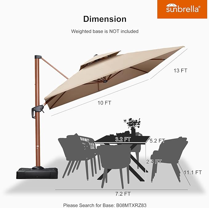 PURPLE LEAF 10' X 13' Patio Large Cantilever Umbrella Double Top Deluxe Outdoor Rectangle Wood Pattern Umbrellas Offset Umbrella Heavy Duty Sun Umbrellas for Garden Deck Pool, Heather Beige