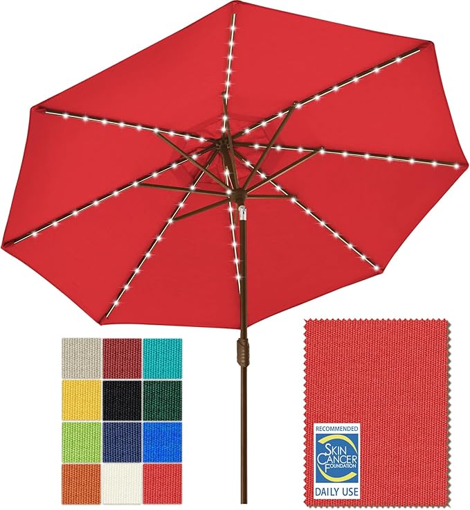 EliteShade USA 10-Year-Non-Fading 9ft Market Patio Umbrella, Commercial Grade Table Sun Umbrella with 80 Solar LED Lights, Crank Open, Windproof & UPF 50+ UV Protection for Garden, Deck, Pool, Backyard, Logo Red