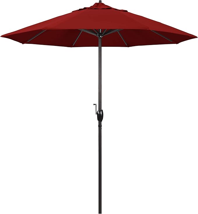 California Umbrella 7.5' Round Sunbrella Aluminum Outdoor Deck, Pool or Patio Umbrella, Crank Lift, Auto Tilt, Bronze Pole, Jockey Red
