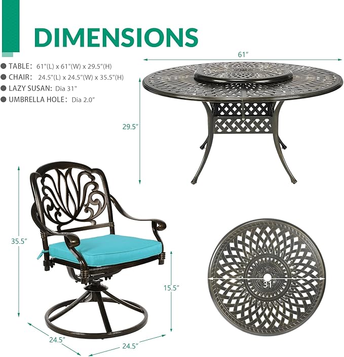 VIVIJASON 9-Piece Patio Dining Set, Rust-Free Cast Aluminum Outdoor Conversation Set, Includes 8 Swivel Dining Chairs & 61" Round Dining Table with 31" Lazy Susan, Ocean Blue