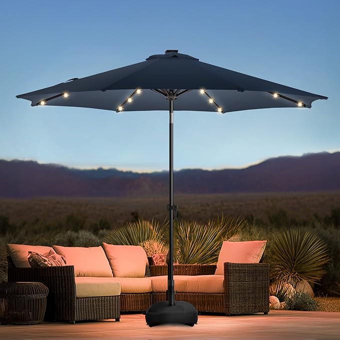 wikiwiki 9FT Solar Led Patio Umbrella with Base Included, 32 LED Lights, 8 Sturdy Ribs, Fade Resistant Waterproof POLYESTER DTY Canopy for Garden, Lawn, Deck, Backyard & Pool, Navy Blue