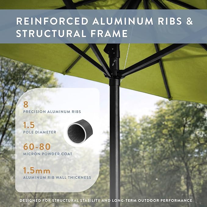 California Umbrella 8-Year Protection 9 Ft Outdoor Patio Umbrella, Solstice Fade-Resistant Fabric, Auto-Tilt, Heavy Duty Aluminum Frame, 8 Reinforced Ribs for Pool or Deck, Black Pole, Kiwi