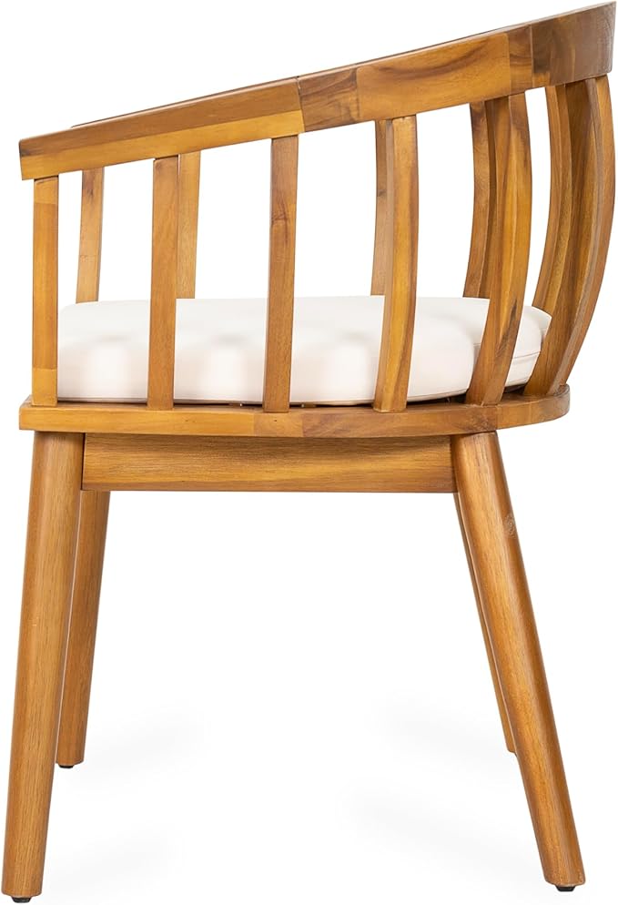Christopher Knight Home Belas Acacia Wood Patio Dining Set for 4, Solid Wood Outdoor Dining Table Set for 4, Round Dining Table and Chairs Set of 4 with Cushion, Teak+Beige