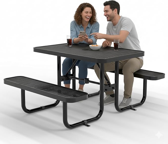 Commercial Heavy-Duty Metal Picnic Table - ADA Compliant, Adjustable Seats, Umbrella Hole (Black, 4' Rectangular, Punched Steel)