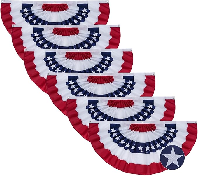 SYII Bunting Flag 2x4 Feet Outdoor (6 PCS), Embroidery Stars American US Bunting Flags with 3 Brass Grommets, Patriotic Half Fan Banner for Fourth of July Decor, 4th of july Decorations Outdoor