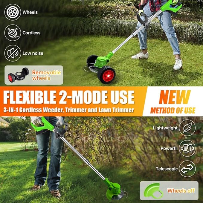 Cordless Weed Wacker Eater Battery Powered, Portable Grass Trimmer/Lawn Edger/Mower/Brush Cutter with 2 Li-Ion Battery for Lawn Garden Pruning/Trimming