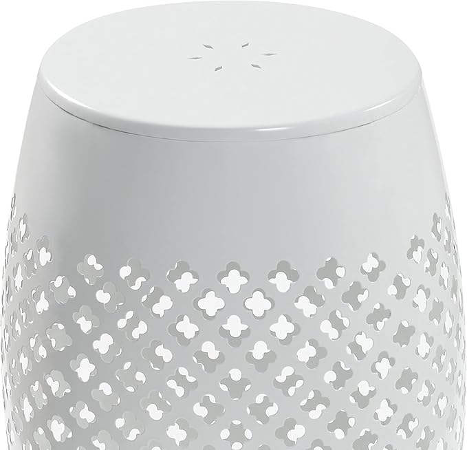 AC Pacific Outdoor Indoor Lace-Cut Iron Drum Side Table, Powder-Coated, Unique and Versatile Metal Pedestal Stand, Modern Contemporary Accent Piece, White