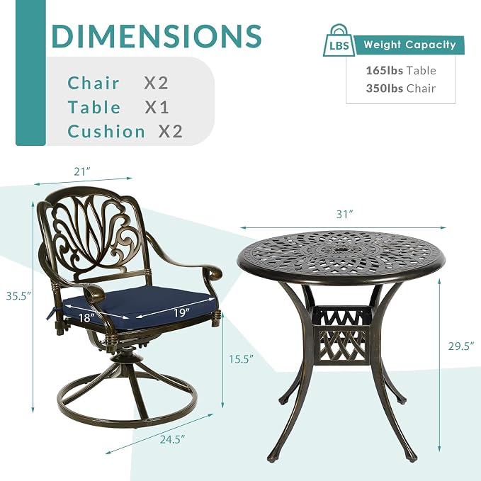 MEETWARM 3-Piece Outdoor Patio Dining Set, All-Weather Cast Aluminum Patio Conversation Set for Backyard Garden Deck with 2 Cushions Swivel Rocker Chairs and 31" Round Table, Umbrella Hole, Navy Blue