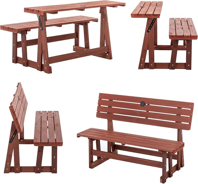 2 in 1 Convertible Picnic Bench Table Set, Transforming Interchangeable Outdoor Wooden Picnic Table with Umbrella Hole, 500lbs Collapsible Dining Table Bench for Backyard, Porch