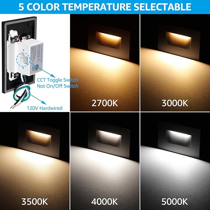 LEONLITE Black 5CCT 120V LED Step Lights, 3.5W 150LM 5%-100% Dimmable Horizontal Stair Lights Indoor Outdoor Wet Location, CRI90+ & ETL, 2700K/3000K/3500K/4000K/5000K, Aluminum, Pack of 6