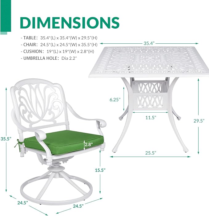 VIVIJASON 5-Piece Outdoor Patio Dining Set, All-Weather Cast Aluminum Conversation Set, Patio Furniture Set for Balcony Lawn Garden, Include 4 Swivel Chairs, 1 Square Table w/Umbrella Hole, White