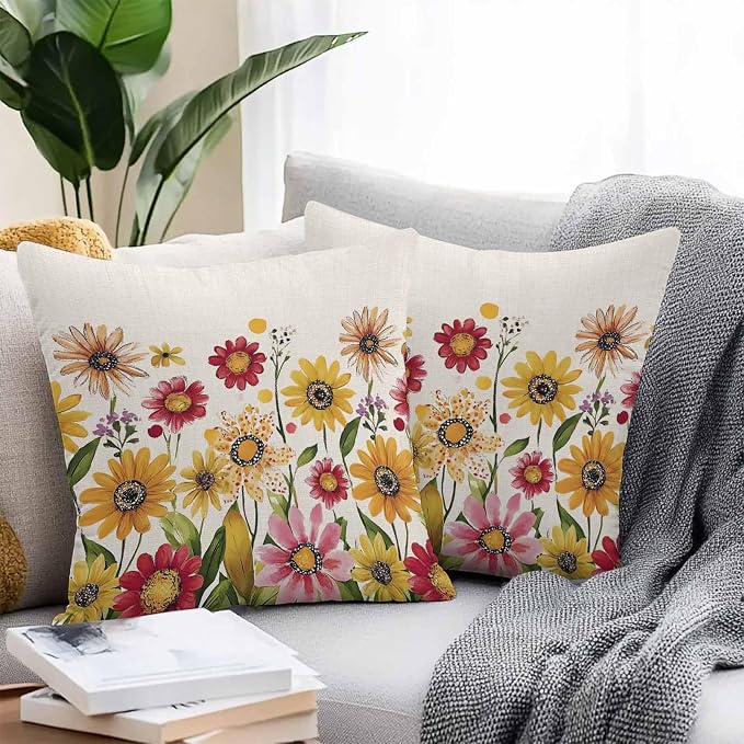 Yellow Red Spring Floral Outdoor Waterproof Throw Pillow Covers 24x24 Set of 2, Pastoral Summer Flower Rustic Decorative Pillowcases Cushion Pillowcase for Couch Sofa Patio Outside Pillow Protector