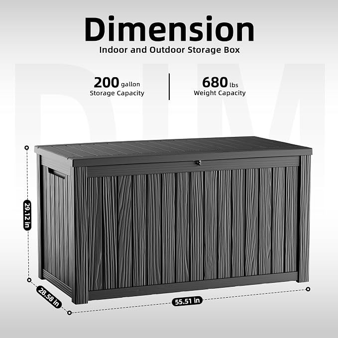 DRATO 200 Gallon Deck Boxes Outdoor Waterproof, Resin Large Lockable Storage Box with Lid, Outdoor Storage Bench Patio Cushions Furniture, Garden Tools, Pool Accessories (Black, 200 Gallon)