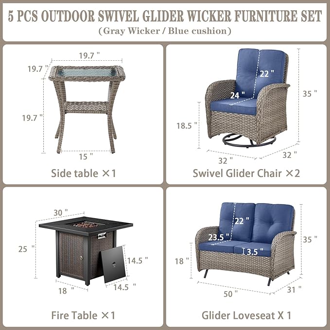 Belord 5 Pieces Patio Furniture Set with 30” Propane Fire Pit Table, Deep Seating Swivel Rocker Glider Outdoor Chairs Set of 4 with Side Table Set of 2 Patio Conversation Set Gray Wicker