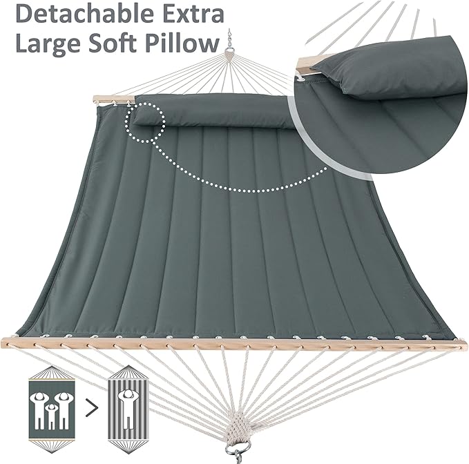 SUNCREAT Hammocks for Outside with Stand, Hammock Cover, Extra Large Double Hammock with Wooden Stand, Gray Green