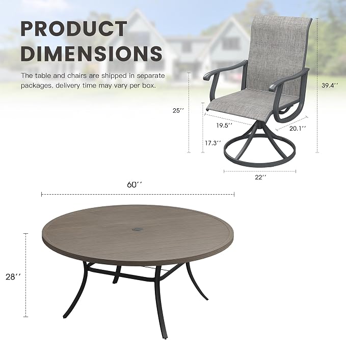 Outdoor Dining Set for 8, 60" Metal Round Outdoor Dining Table with Umbrella Hole and Sling Patio Swivel Chairs, 9 Pieces Patio Table and Chairs Set for Garden Backyard, Grey