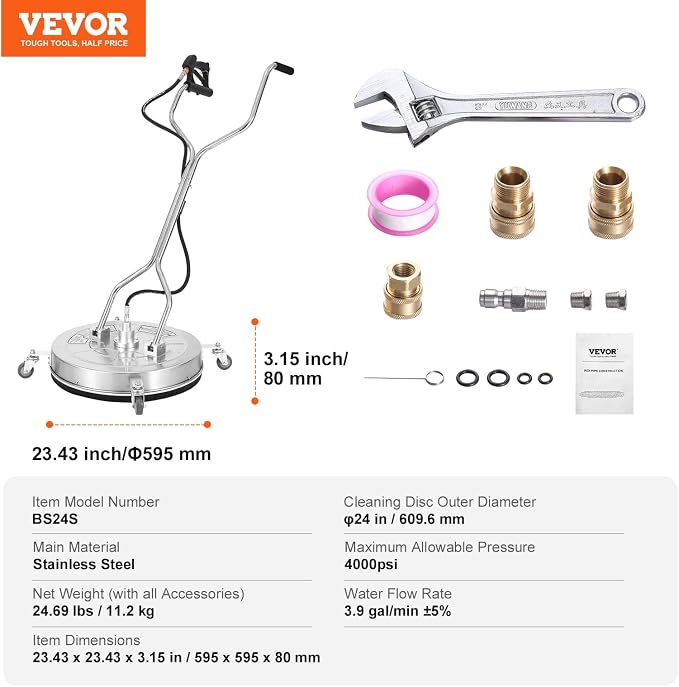 VEVOR 24" Pressure Washer Surface Cleaner w/Handles & Wheels, Stainless Steel Concrete Cleaner 4000 Max PSI, 3/8" Connector & 1/4" Adapter Power Washer Floor Attachment,for Floor Driveway, Patio
