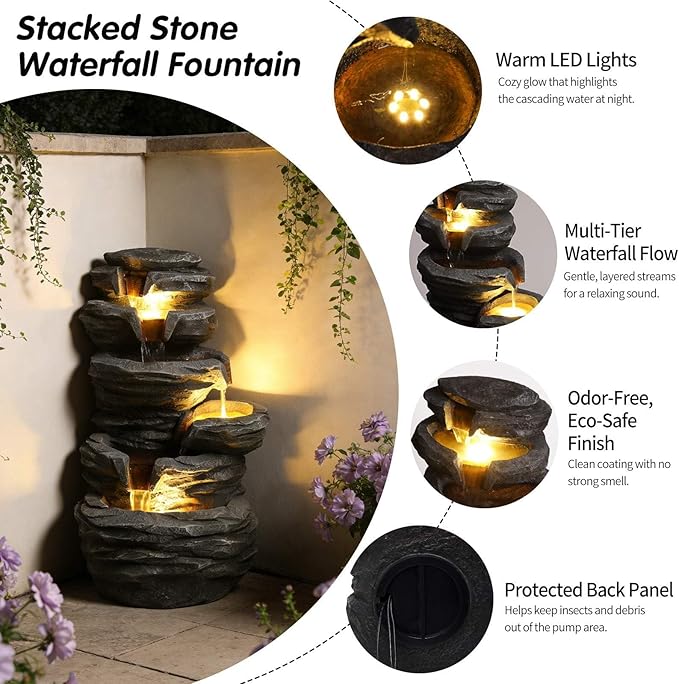 Outdoor Waterfall Fountain with LED Lights, 25.6" Stacked Stone Cascading Water Feature with Pump, Multi-Tier Rock Fountain for Patio Garden Yard Porch Landscape Decor, Gray