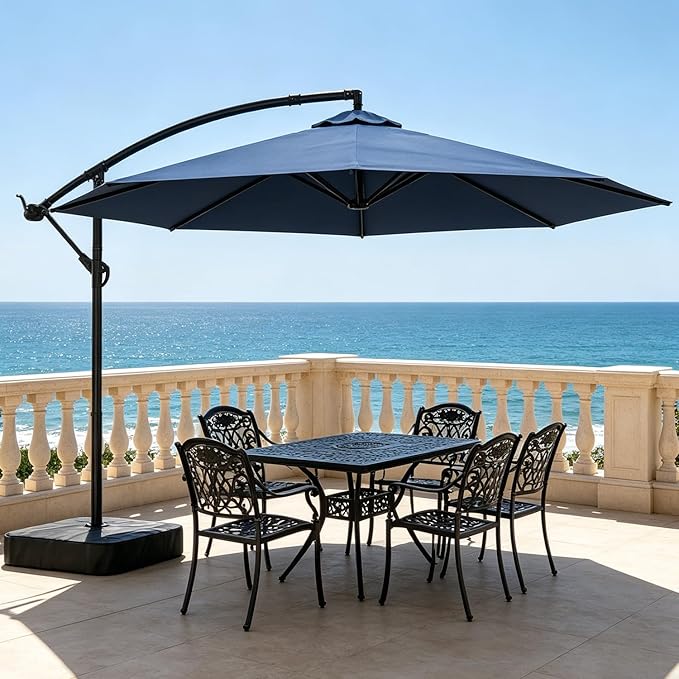 SUNYRISY 10ft Outdoor Patio Umbrella with Base Included, Large Cantilever Offset Umbrella with Sandbag Base Included for Deck, Pool, Porch, and Backyard Shade, Easy to Tilt and Crank