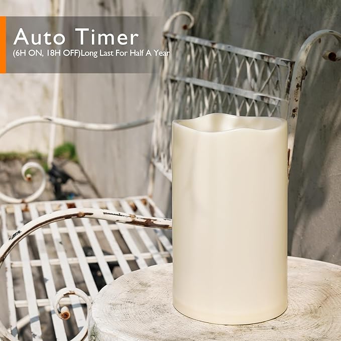 Homemory 6" x 9" Extra Large Outdoor Waterproof Candle with Auto 6-Hour Timer, Ivory Plastic Made, Long Last for Half A Year, Set of 2
