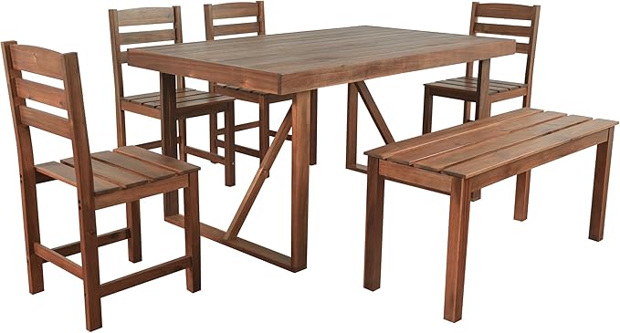 LUMISOL 6 Piece Patio Conversation Furniture Set, 6-Piece Outdoor Table Set with 4 Chairs and 1 Bench for 6 Persons, Acacia Wood Outdoor Table and Chair Set for Patio Balcony Backyard, Brown