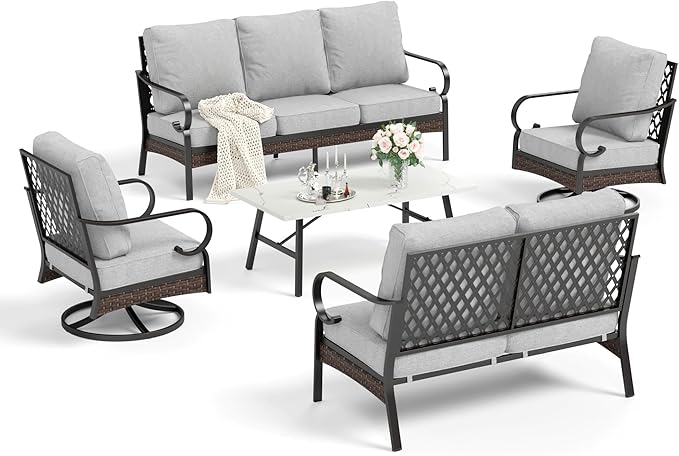 HERA'S HOUSE 5 Piece Metal Patio Furniture Set, 7 Seats All Weather Outdoor Conversation Set, 3 Seat Sofa with Loveseat, 2 Swivel Chairs, Coffee Table for Backyard, Garden, Deck, Light Grey