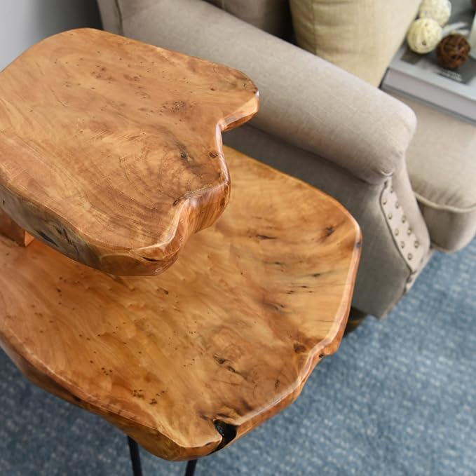 Double-Deck Cedar Solid Wood Coffee Table 16" x 16" x 26" H Natural Shape Accent Vintage Outdoor Side Tables Rustic Plant Stand Couch Live Edge End Tables for Living Room Sofa Patio Bedroom