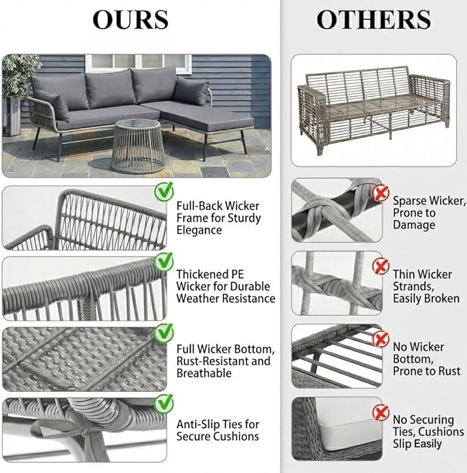 Bezseller 3-Piece Outdoor Patio Furniture Set, L-Shaped Rattan Sectional Sofa with Thick Cushions, Glass Coffee Table – All-Weather Conversation Set for Backyard, Porch, Poolside
