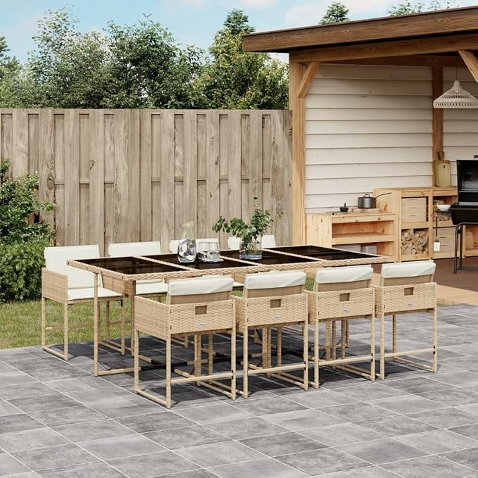 9 pcs Set Garden Dining Set & Balcony Furniture Beige PE Rattan Outdoor Patio Furniture Set Patio Conversation Set for Lawn Backyard Front Porch 86.6 x 41.7 x 28.7 in