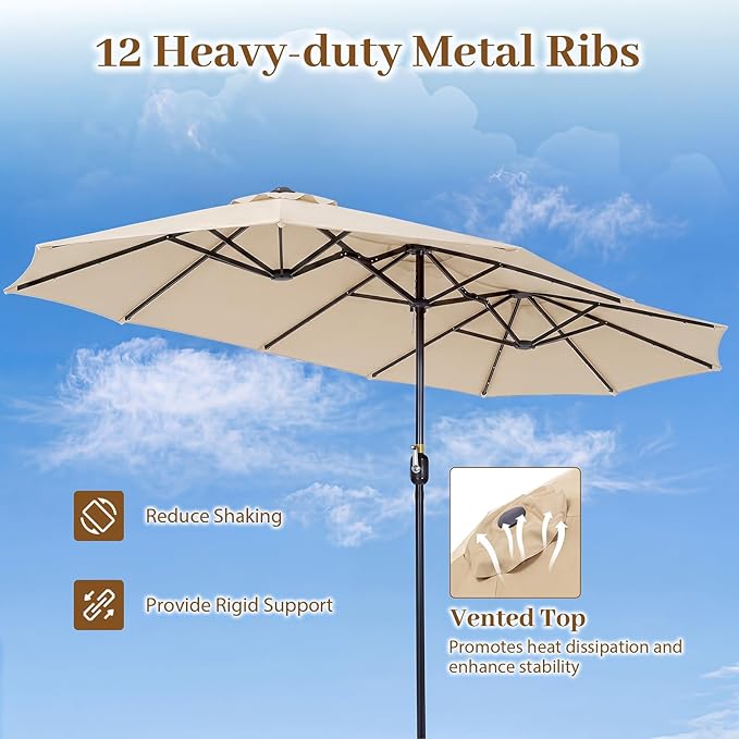 Tangkula 13 Ft Solar Patio Umbrella, Double-Sided Extra Large Outdoor Market Table Umbrella with 36 LED Lights, Crank Handle, 12 Sturdy Ribs for Poolside, Garden & Backyard (Beige)